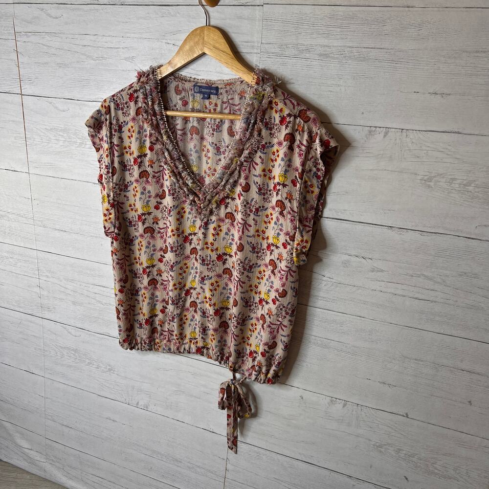 Democracy Blouse Womens Size Medium Floral Boho Tie at Waist Colorful Spring - Picture 4 of 16